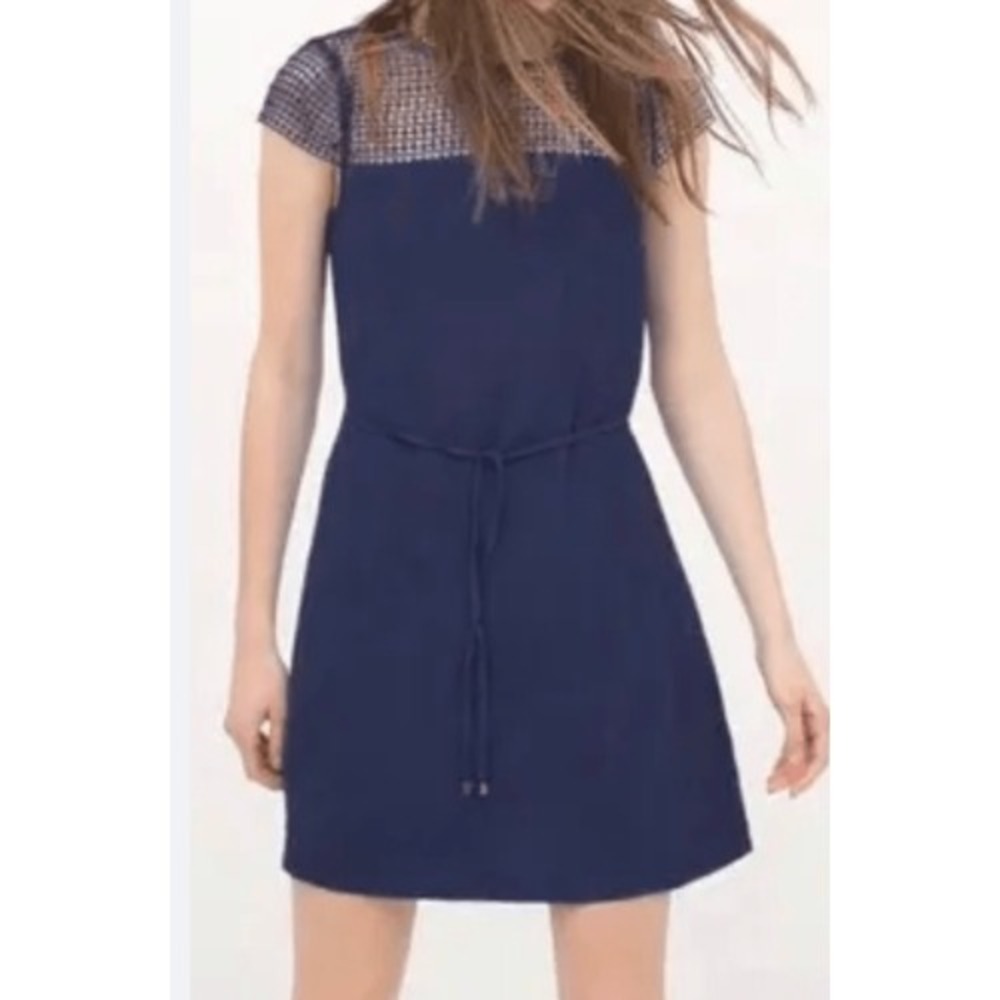 Navy Blue‎ Dress with Crochet Lace Detail, Sleeveless, Casual